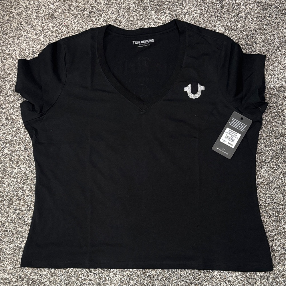 True Religion Women's Black Tee with Silver Logo